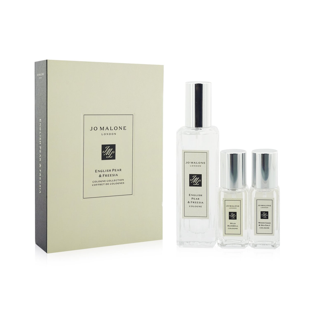 Set of Jo Malone colognes featuring English Pear & Freesia, Wild Bluebell, and Wood Sage & Sea Salt; ideal for gifting and personal use.