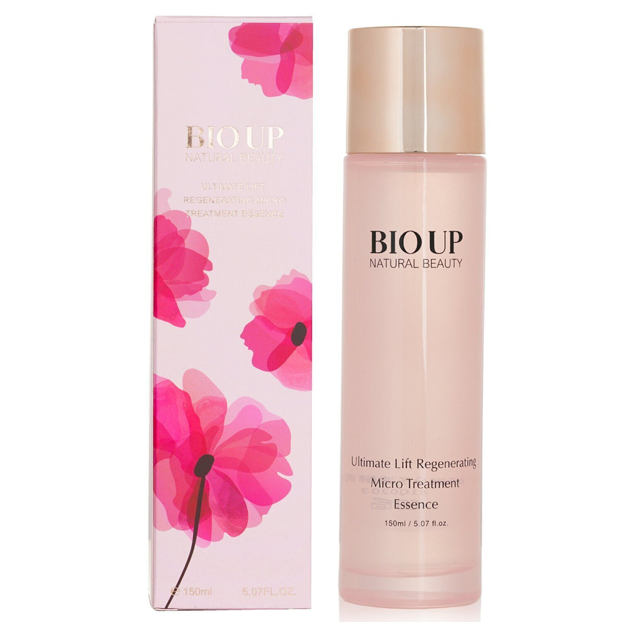 Natural Beauty BIO UP Ultimate Lift Essence bottle, 150ml, featuring gold sake kasu extract for radiant, youthful skin.