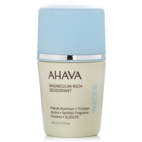 Ahava Dead Sea Water Magnesium Deodorant roll-on, 50ml, provides long-lasting odor protection for sensitive skin.