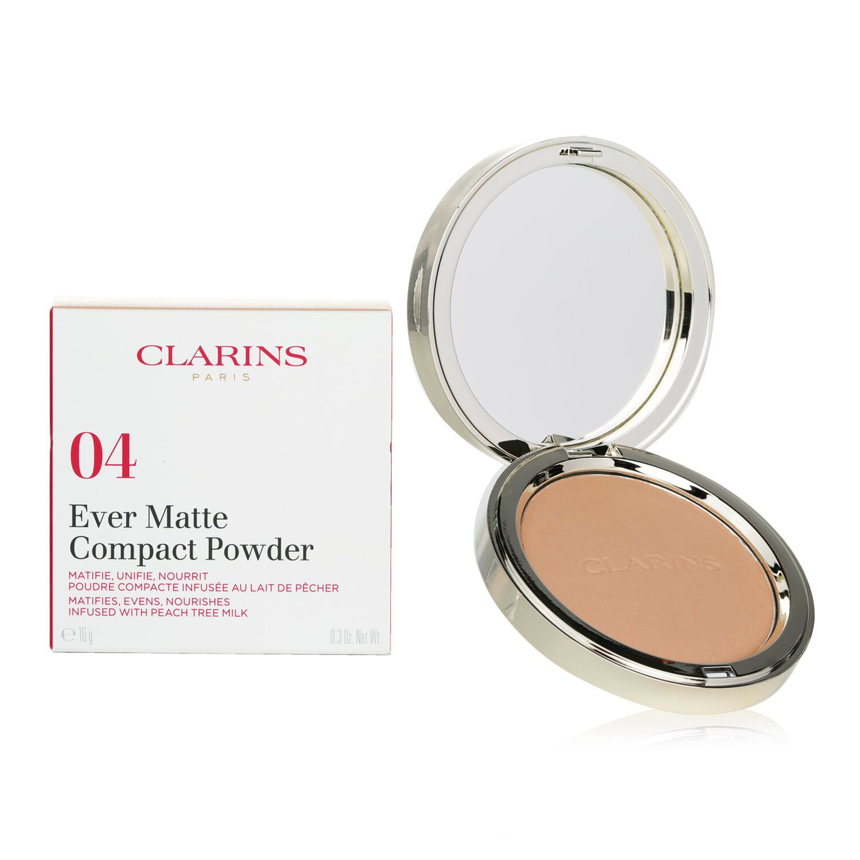 Clarins Ever Matte Compact Powder #04 Medium, 10g, delivers a silky matte finish, ideal for oil control and skin nourishment.