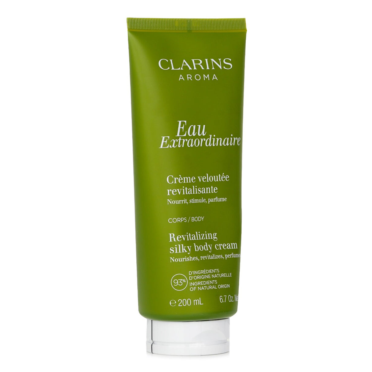 Luxurious Clarins silky body cream with 93% natural ingredients for deep hydration and a captivating scent.