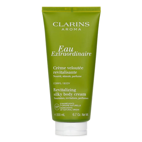 Luxurious 200ml Clarins body cream with 93% natural ingredients, hydrates, nourishes, and scents skin with floral and citrus notes.