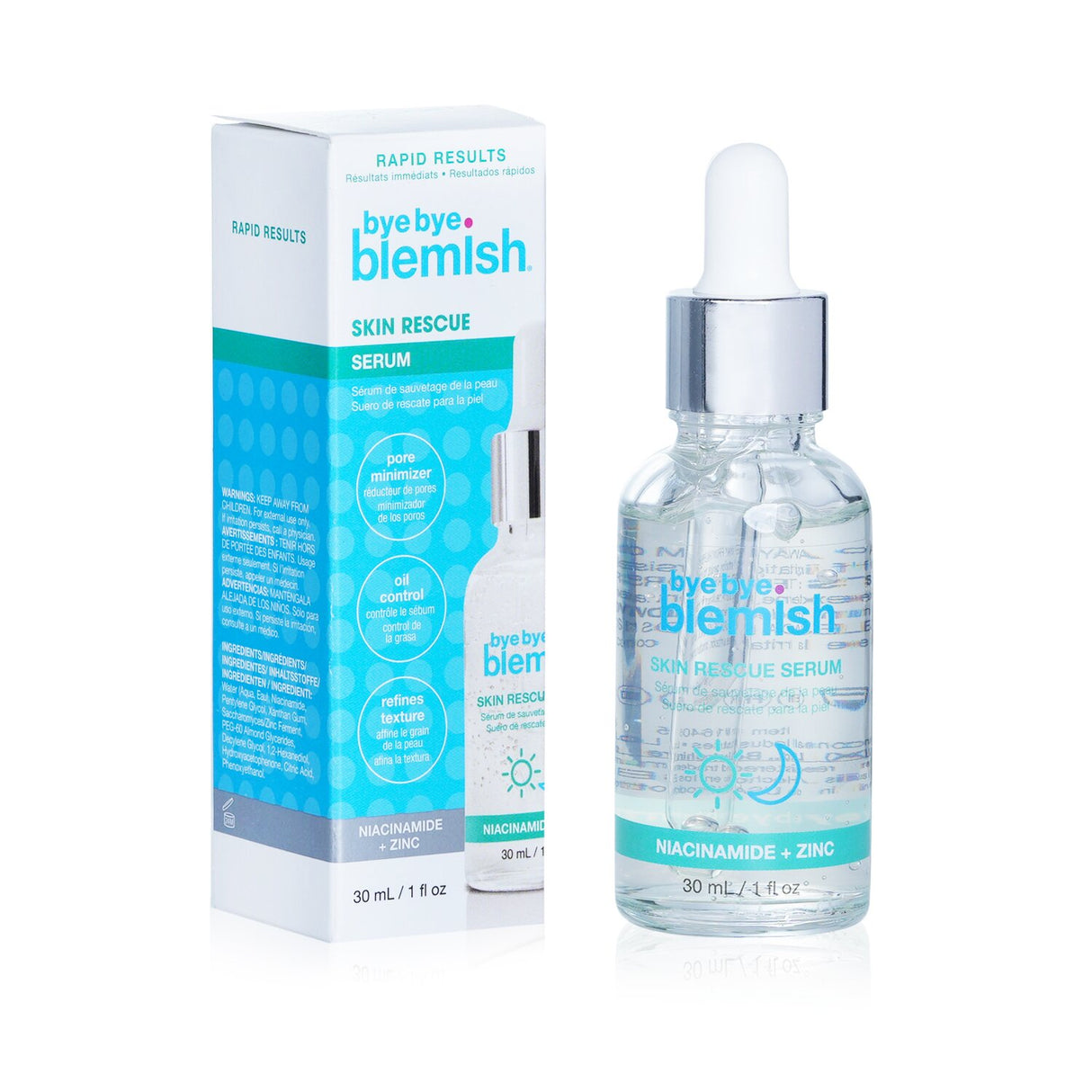 Bye Bye Blemish Skin Rescue Serum in a 30ml bottle, designed for oily skin to reduce blemishes and enhance hydration.