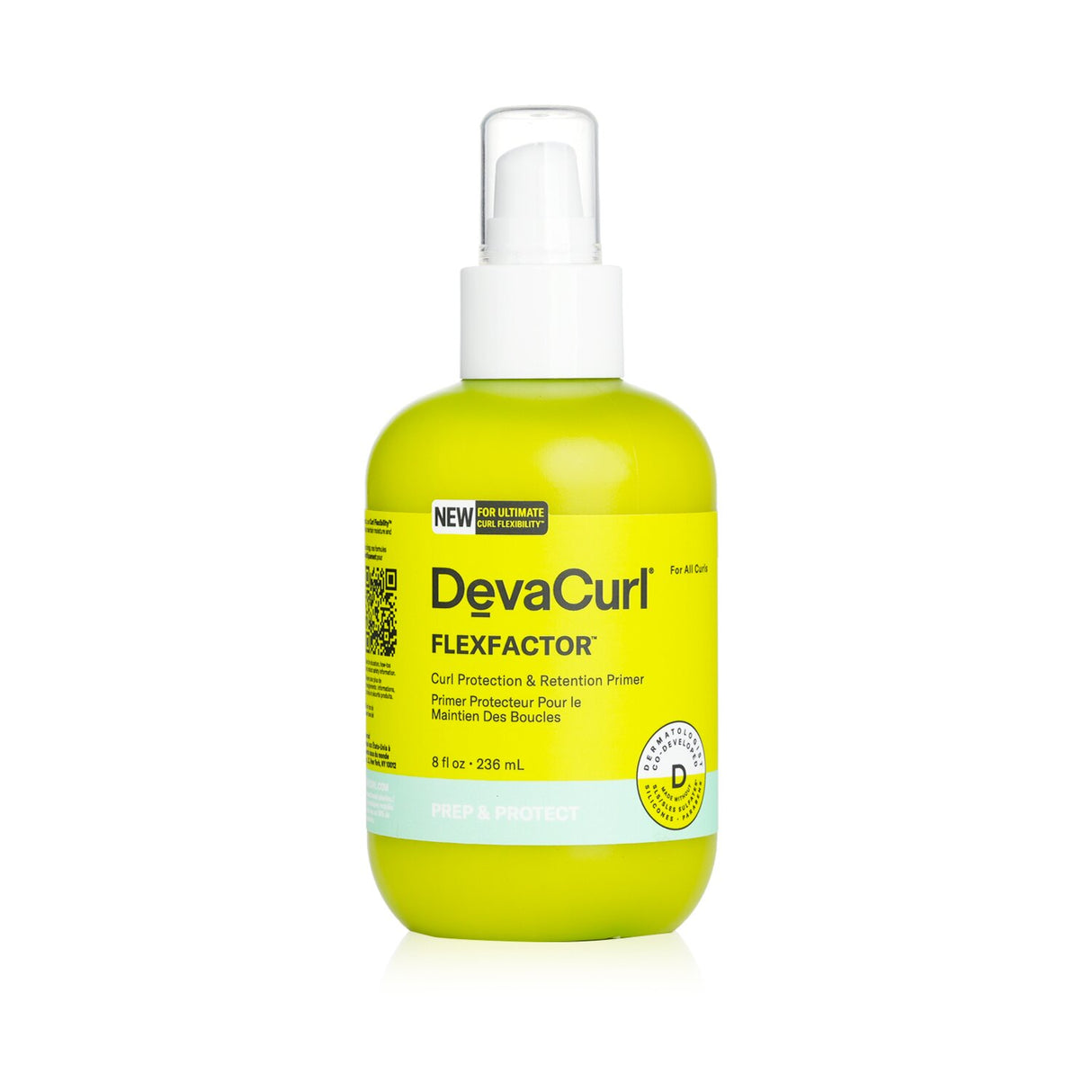 DevaCurl FlexFactor primer protects and retains curls, enhancing bounce and reducing damage while offering a tropical scent.