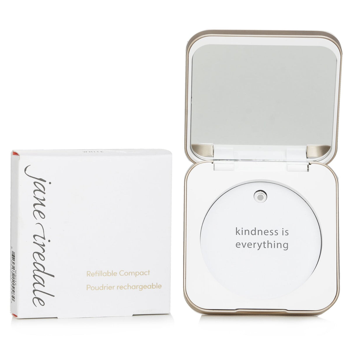 Elegant Jane Iredale refillable compact with a mirror, made of recyclable plastic for on-the-go makeup touchups.