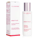 Clarins Bright Plus Moisturizing Emulsion: 75ml treatment targeting dark spots, enriched with Acerola and Apricot oil for radiant skin.