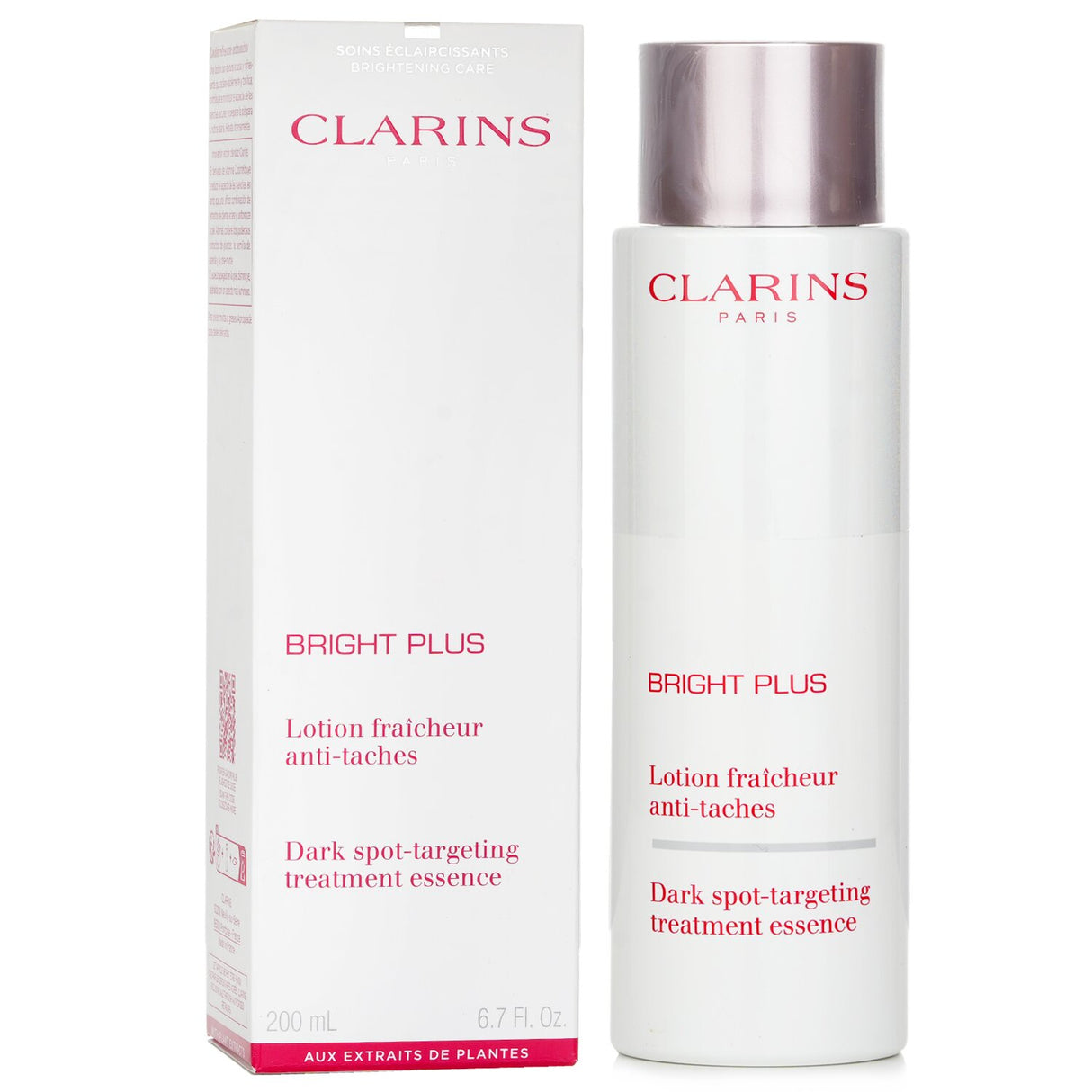 Clarins Bright Plus Dark Spot Treatment Essence in a 200ml bottle, targeting dark spots and enhancing skin radiance.