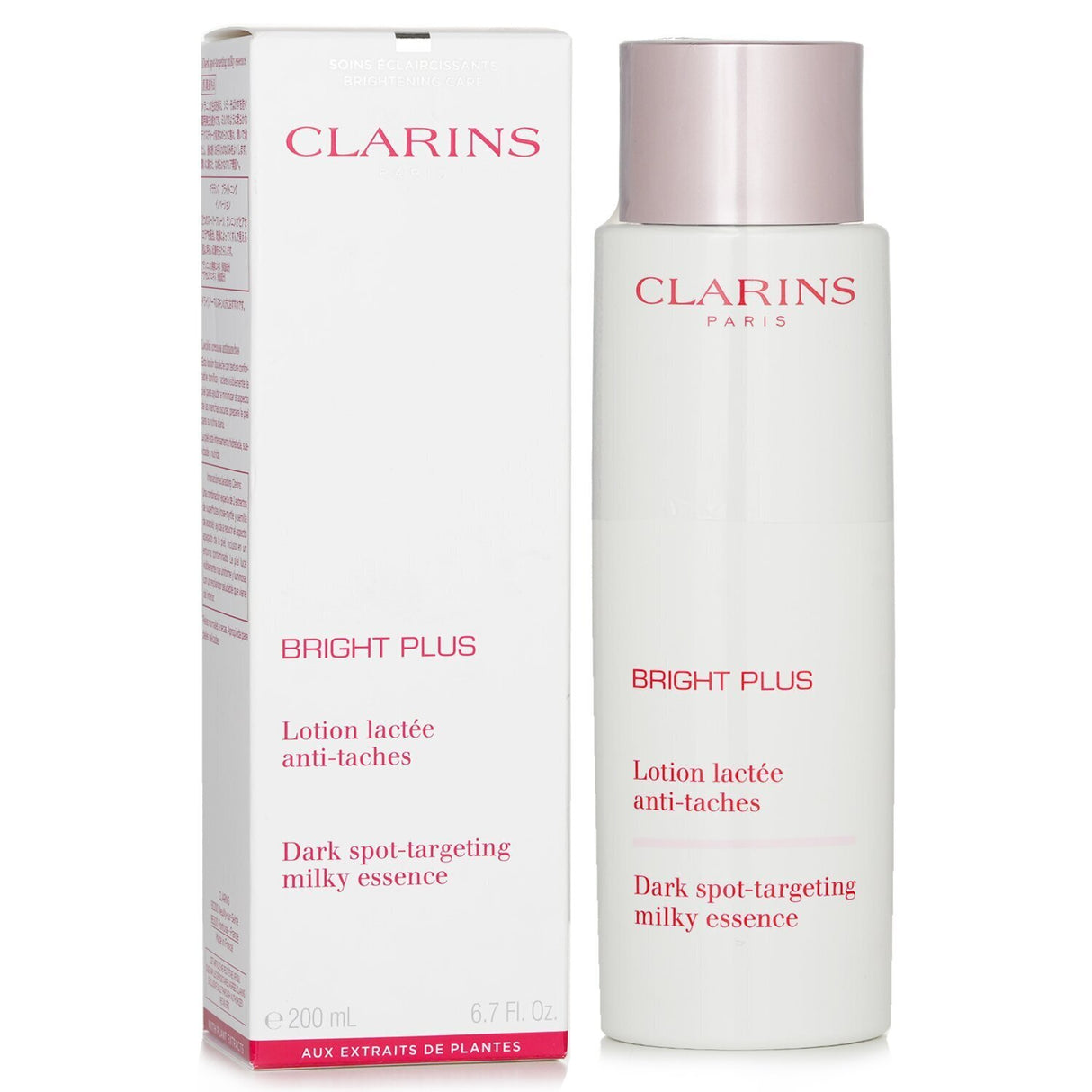 Clarins Bright Plus Dark Spot Targeting Milky Essence in a 200ml bottle, designed to brighten skin and reduce dark spots.