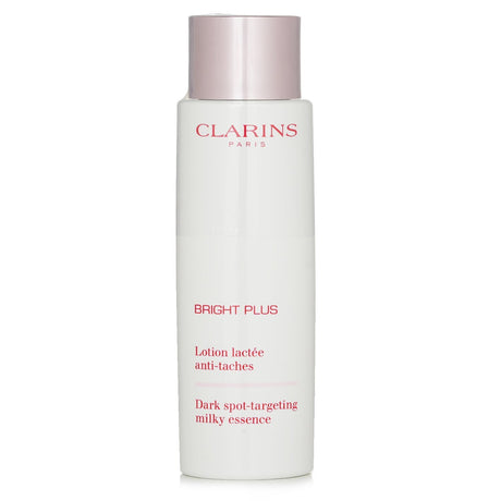 Clarins Bright Plus Dark Spot Targeting Milky Essence in a 200ml bottle, enhances radiance and reduces dark spots with natural ingredients.