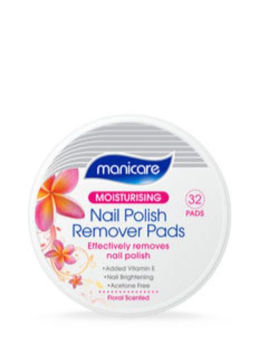 Floral-scented, acetone-free nail polish remover pads infused with Vitamin E for gentle, moisturizing care.