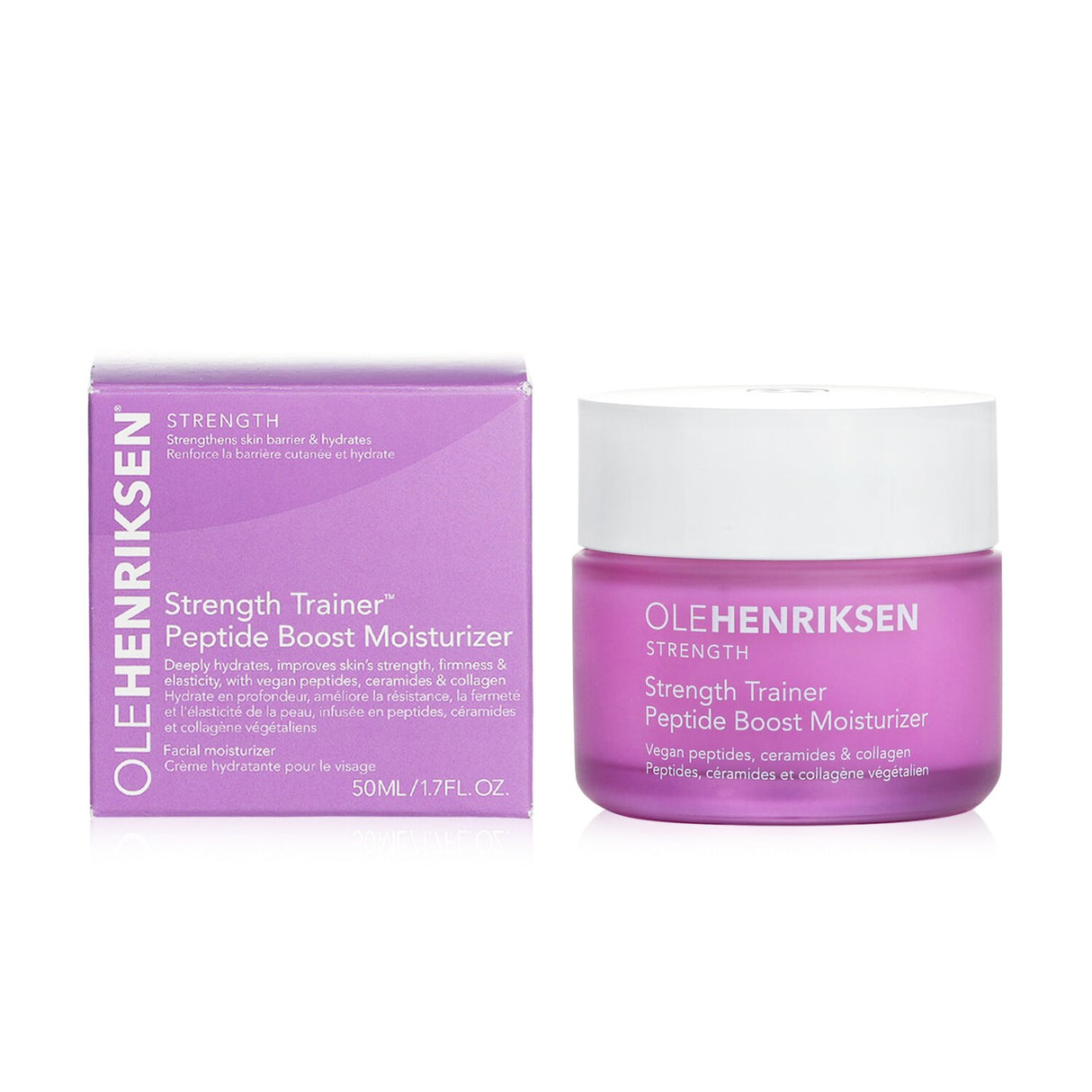 Ole Henriksen Strength Trainer Peptide Boost Moisturizer in a 50ml jar, vegan formula for hydration and improved skin elasticity.