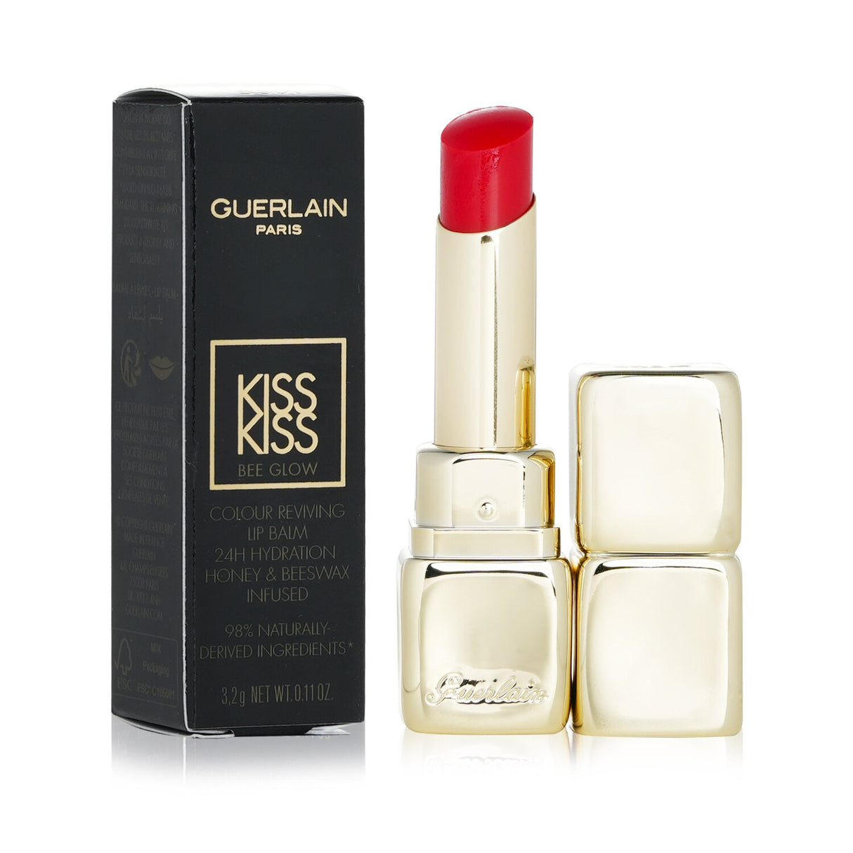 Guerlain KissKiss Bee Glow Lip Balm #775 Poppy Glow, a tinted balm with honey, offering hydration and a luminous finish.