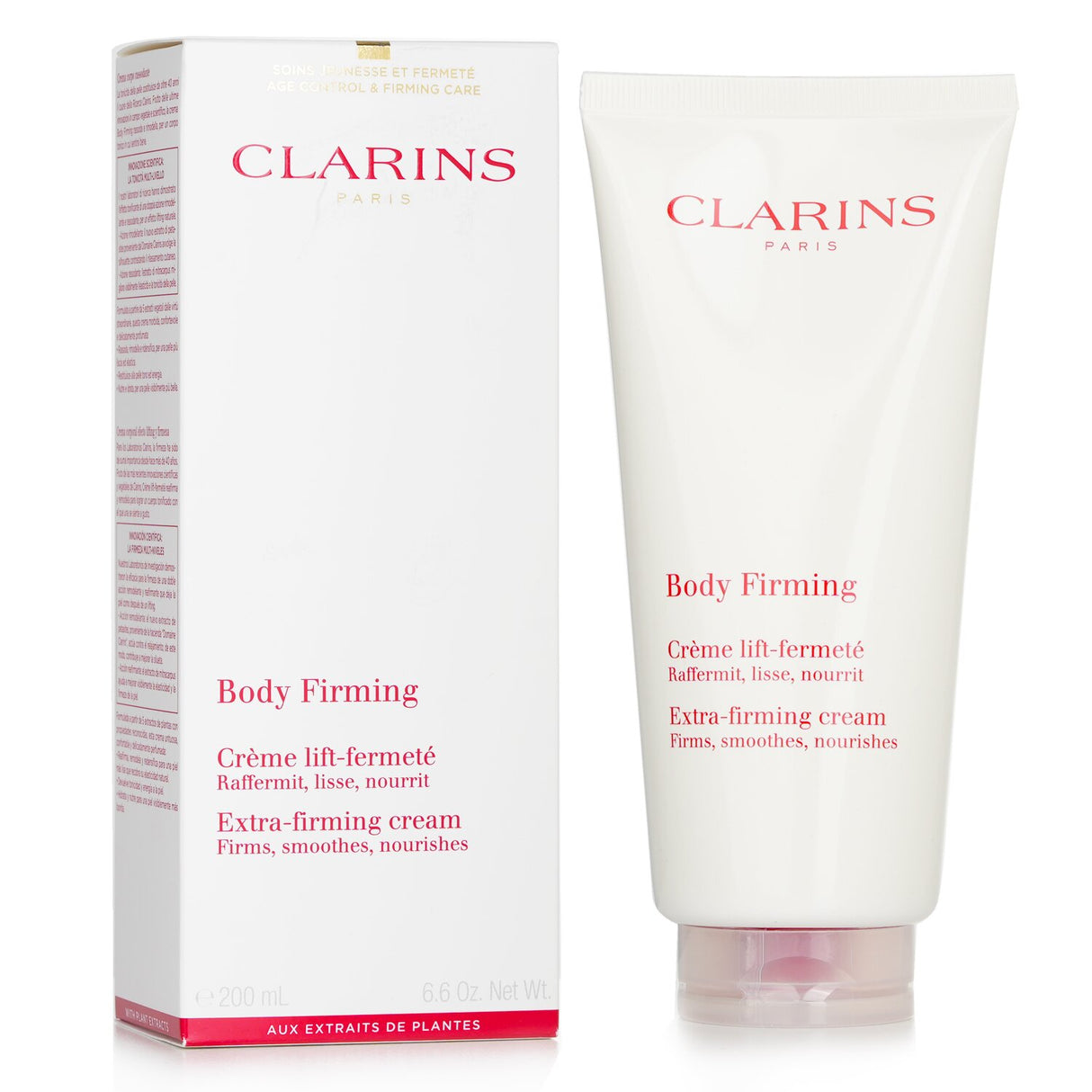 Clarins Body Firming Extra-Firming Cream in 200ml, rich in plant extracts for enhanced skin firmness and hydration.