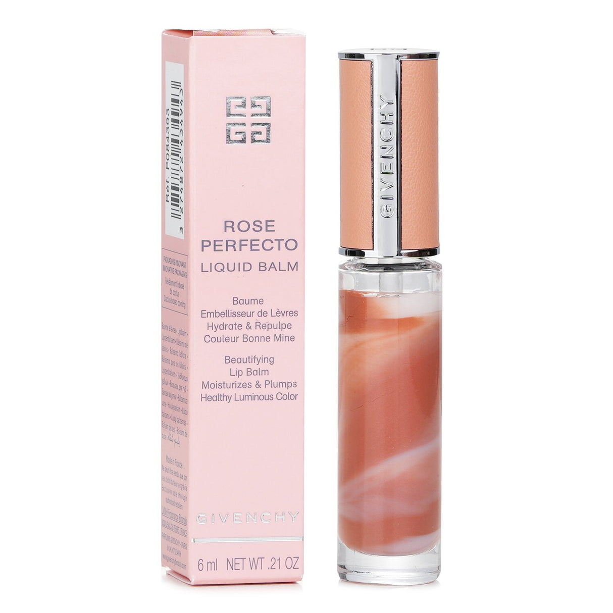 Givenchy Rose Perfecto Liquid Lip Balm in #110 Milky Nude, offers 24-hour hydration with a lightweight, creamy texture and glossy finish.