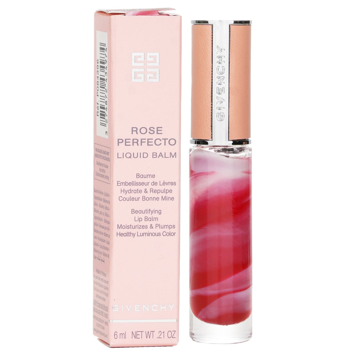 Givenchy's Rose Perfecto Liquid Lip Balm #37 Rouge Graine in eco-friendly packaging, offering hydrating color and a glossy finish.