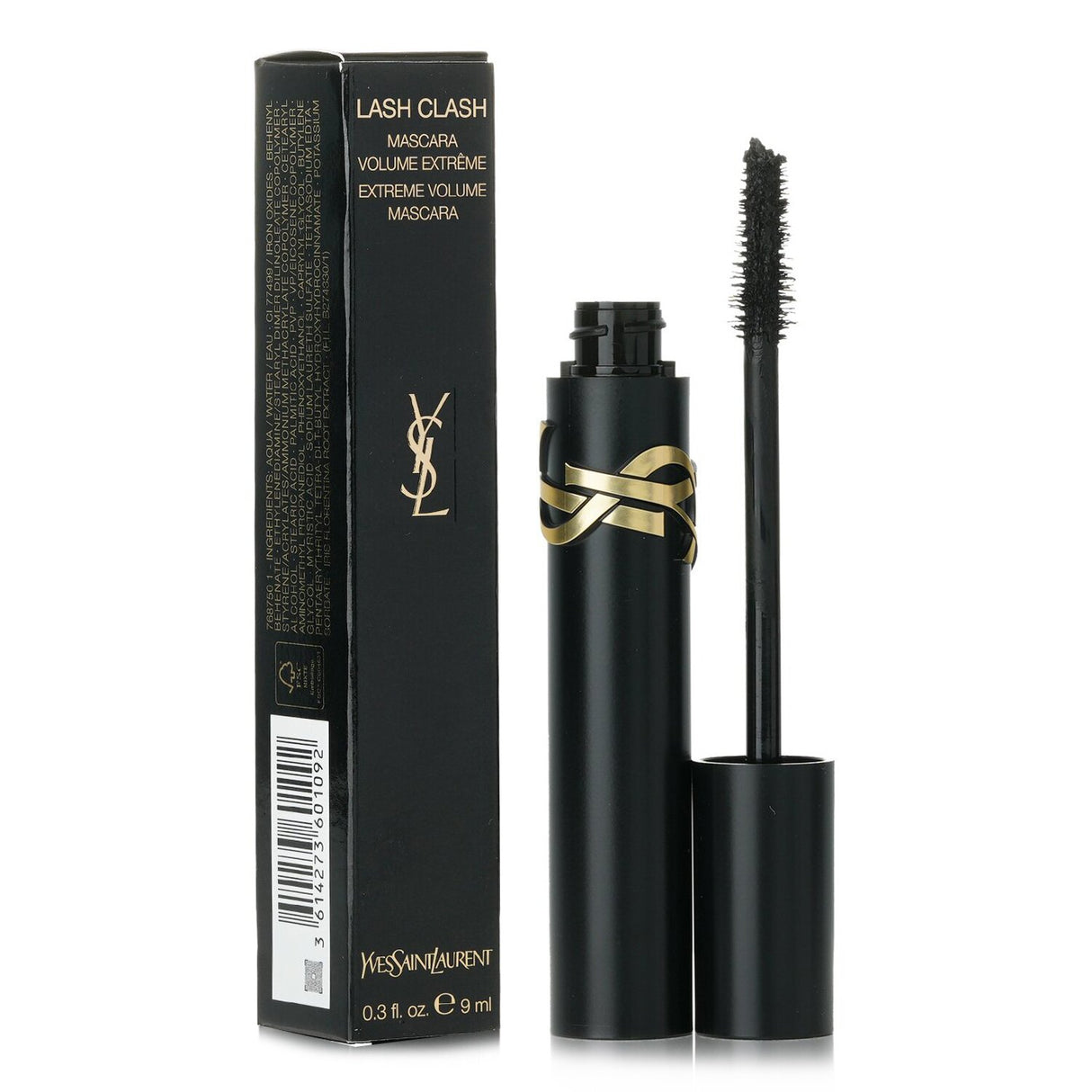 Yves Saint Laurent Lash Clash Extreme Volume Mascara in 9ml, offering 200% more volume with a nourishing formula and smudge-proof wear.