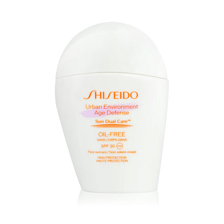 Shiseido Urban Environment Age Defense Oil-Free SPF 30 in a 30ml bottle, blending sun protection, anti-aging, and pollution defense.