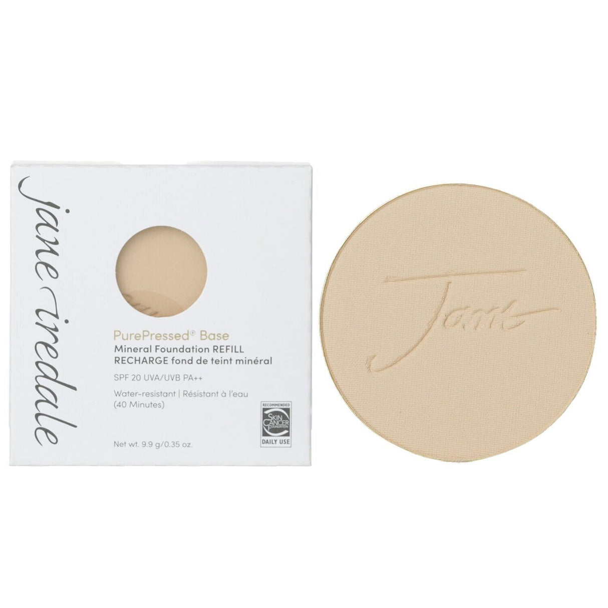 Jane Iredale PurePressed Base Mineral Foundation Refill in Bisque, SPF 20, eco-friendly, water-resistant, and perfect for sensitive skin.