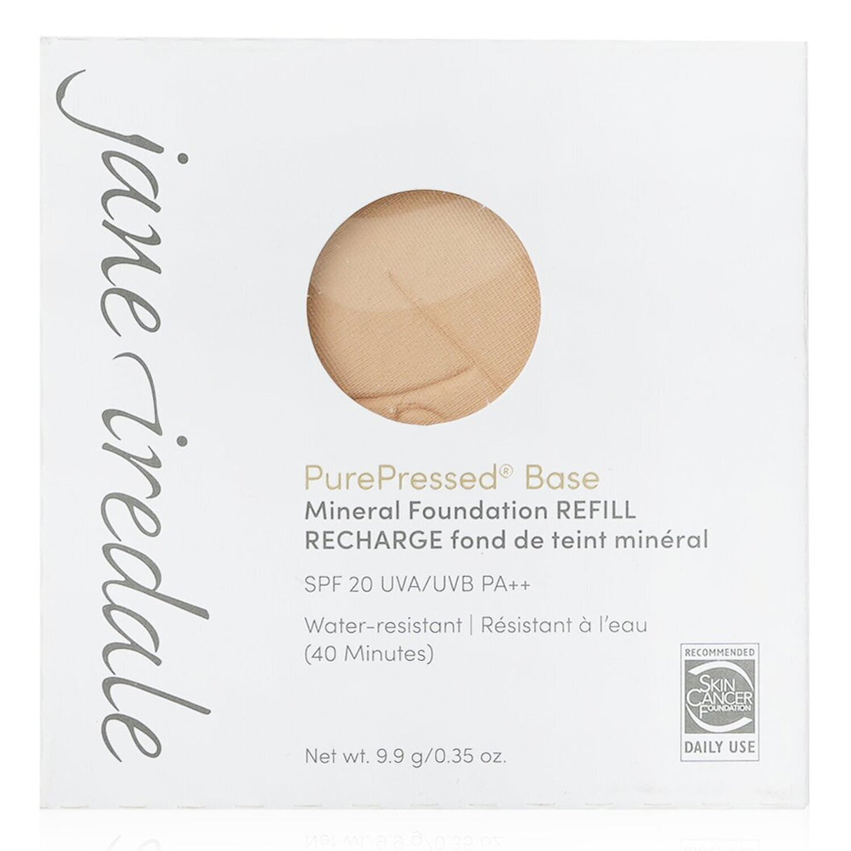 Amber PurePressed Base Mineral Foundation refill with SPF 20, offering natural coverage and UVA/B protection in a refillable compact.