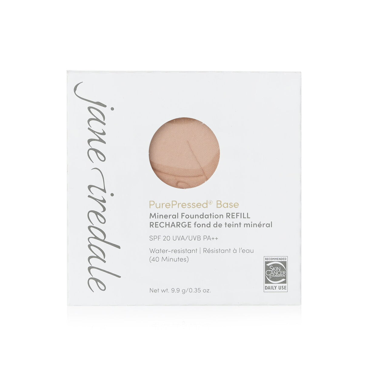 Mineral foundation refill in Suntan shade, SPF 20, offers natural coverage and UVA/B protection in a refillable compact.