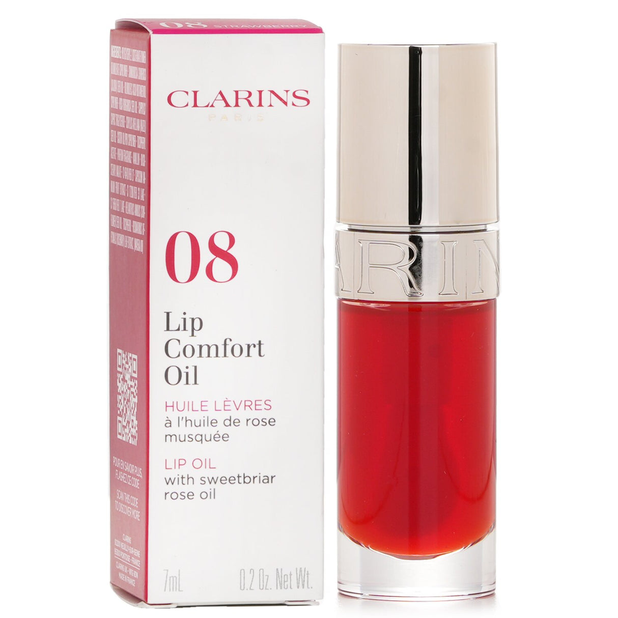 Clarins Lip Comfort Oil #08 Strawberry in 7ml, a lightweight oil for hydrated, nourished lips with a sweet strawberry tint.