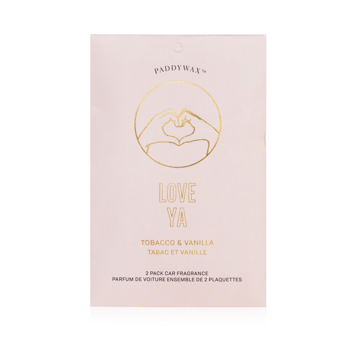 "Two elegant Love Ya car air fresheners from Paddywax, featuring vegan scents and hanging elastics for a delightful driving experience."