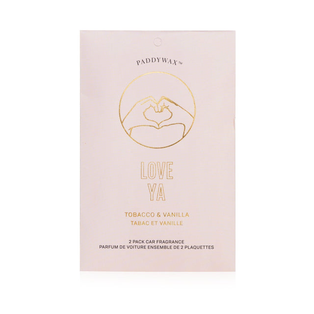 "Two elegant Love Ya car air fresheners from Paddywax, featuring vegan scents and hanging elastics for a delightful driving experience."