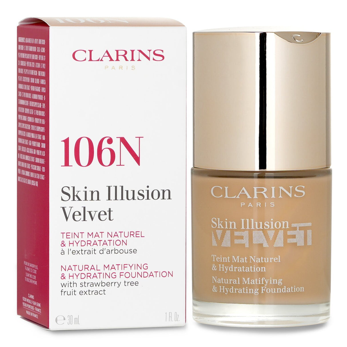 Clarins Skin Illusion Velvet Foundation #106N, a hydrating, matte foundation with SPF15 for a luminous, flawless complexion.