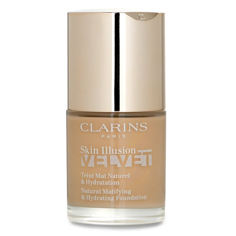 Clarins Skin Illusion Velvet Foundation #106N, a hydrating, matte finish foundation with SPF 15 for a radiant complexion.