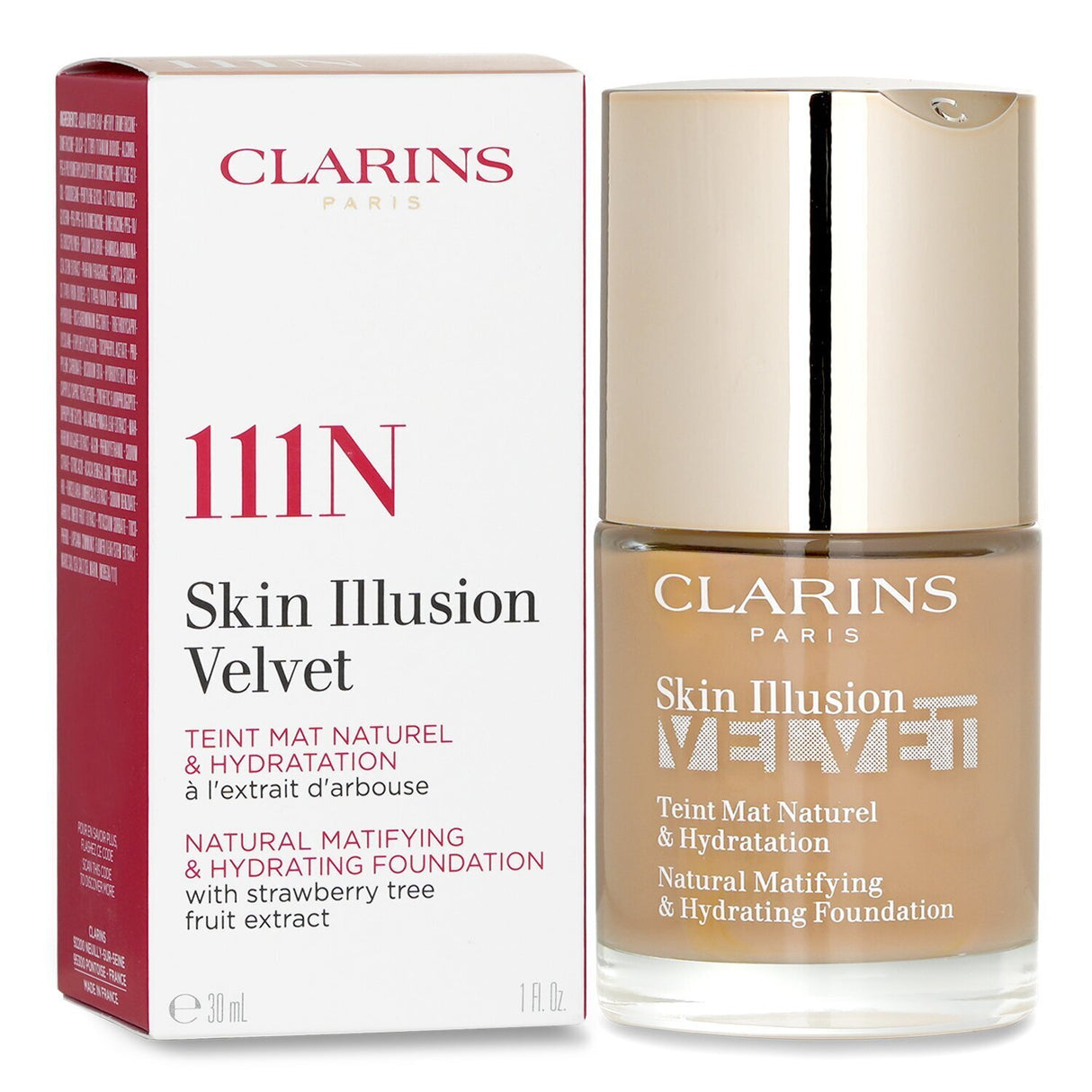 Clarins Skin Illusion Velvet Foundation in #111N, a lightweight hydrating formula with SPF 15 for a radiant, matte finish.