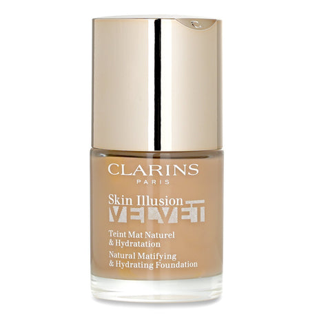 Clarins Skin Illusion Velvet Foundation #111N, lightweight, hydrating, with SPF 15 and anti-pollution benefits for radiant skin.