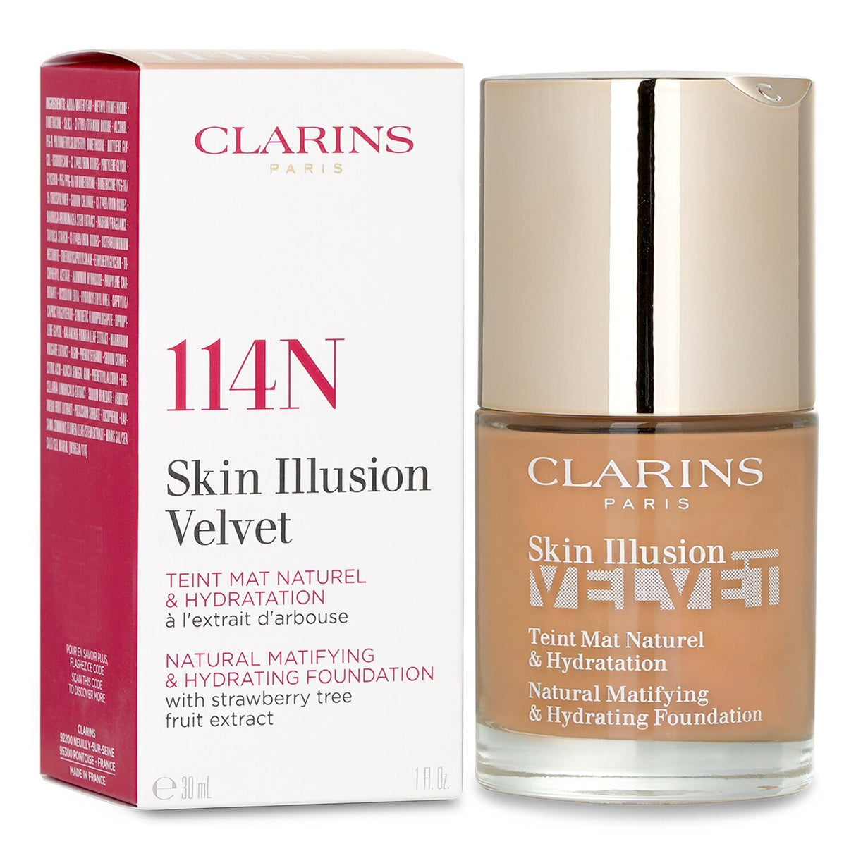 Clarins Skin Illusion Foundation #114N: lightweight, hydrating, matte finish with SPF 15 and anti-pollution benefits.