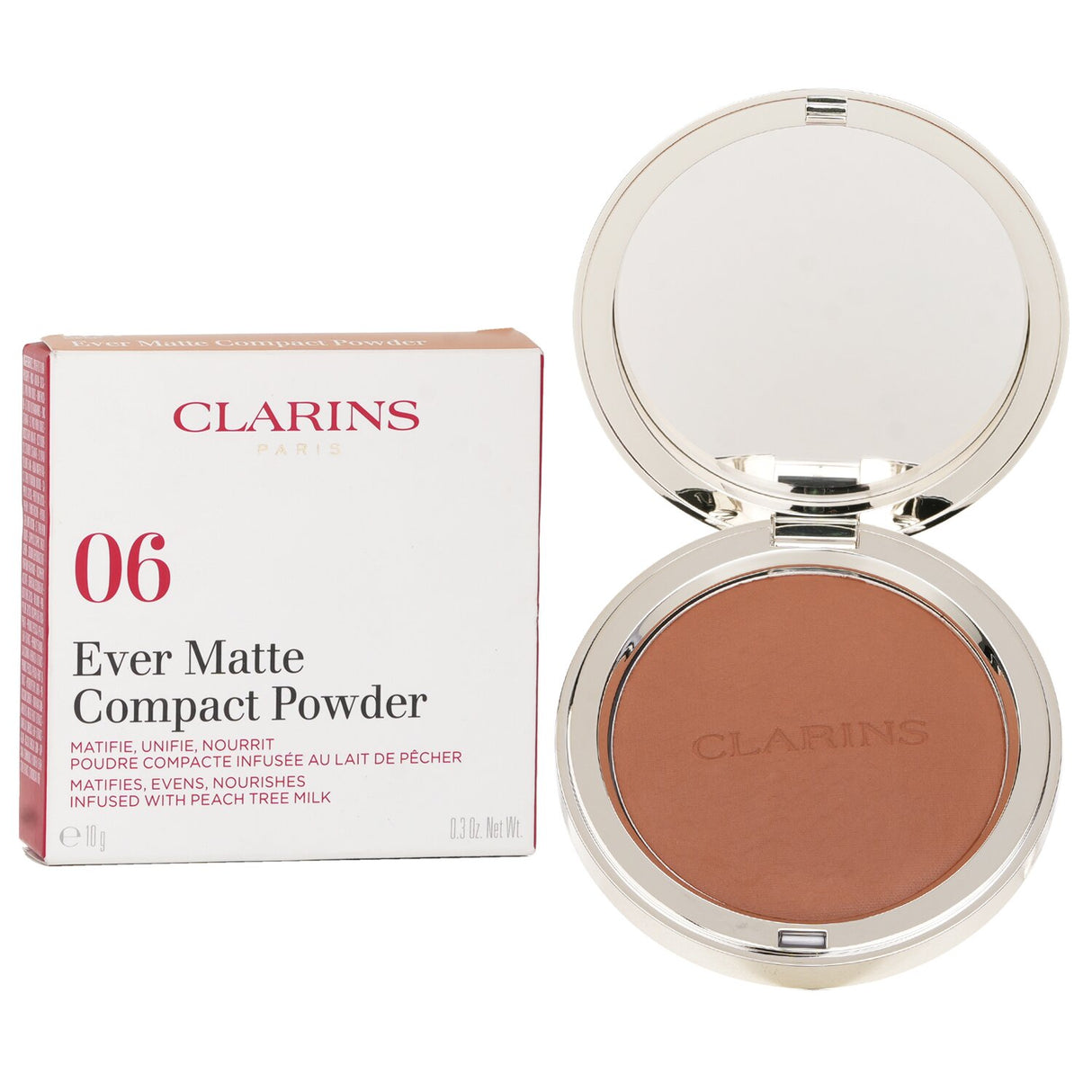 Clarins Ever Matte Compact Powder #06 Deep, lightweight formula that mattifies, brightens, and nourishes all skin types.