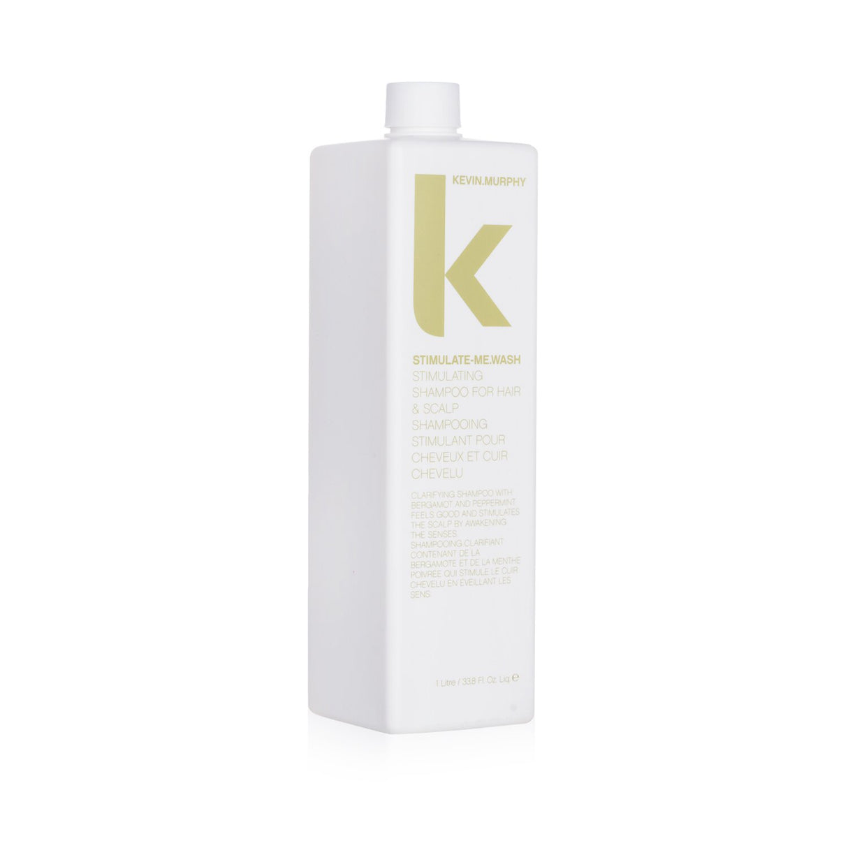 A 1000ml bottle of Kevin.Murphy Stimulate-Me.Wash shampoo, featuring Bergamot Mint and Black Pepper for refreshing hair and scalp care.