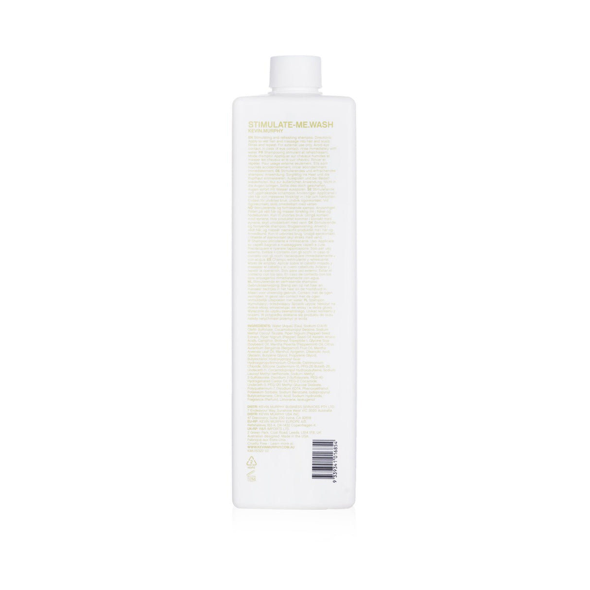 A 1000ml bottle of Kevin.Murphy Stimulate-Me.Wash shampoo, infused with Bergamot Mint and Black Pepper for soothing hair care.