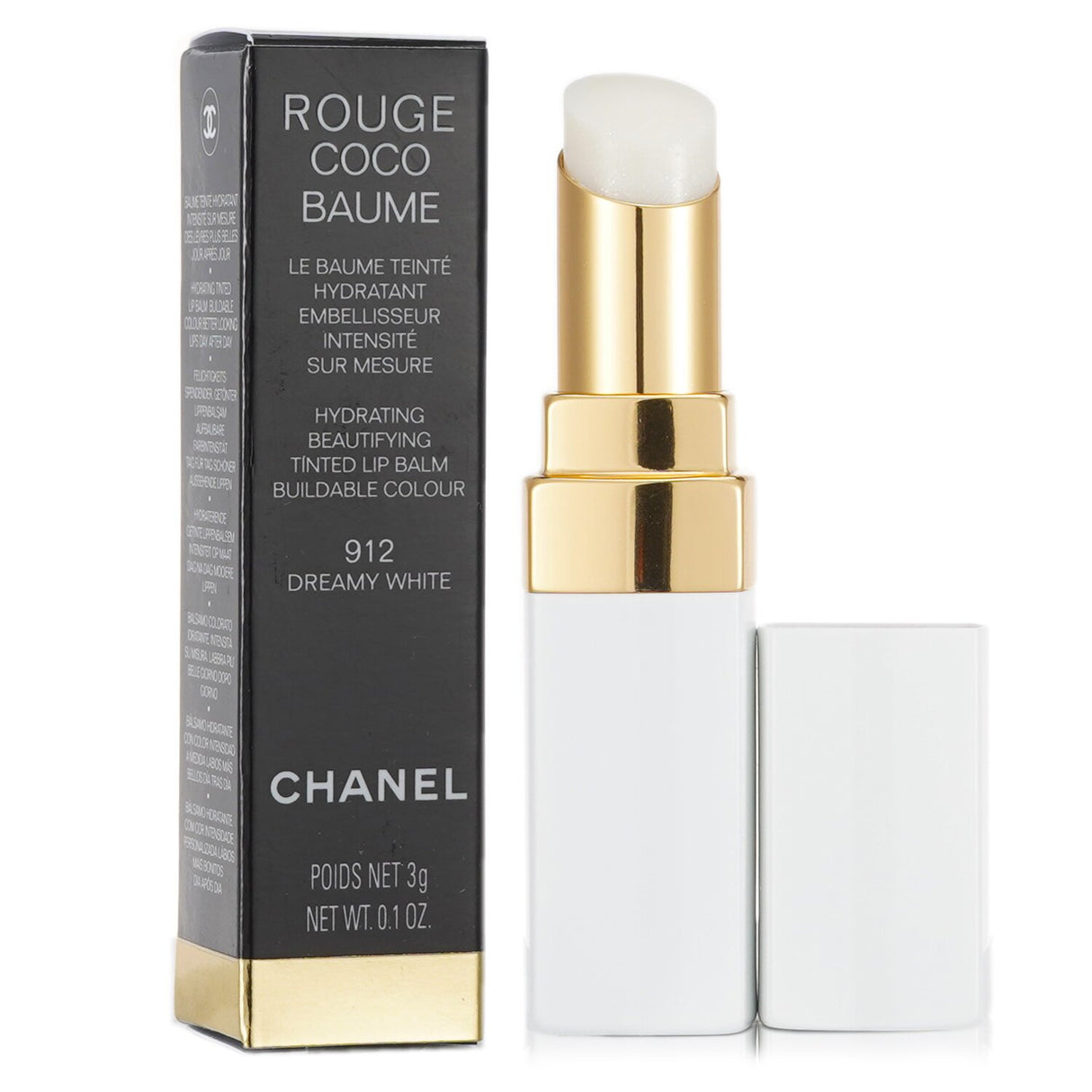 Chanel's Rouge Coco Baume #912 in elegant white packaging, offering hydrating, tinted lip care with buildable color.