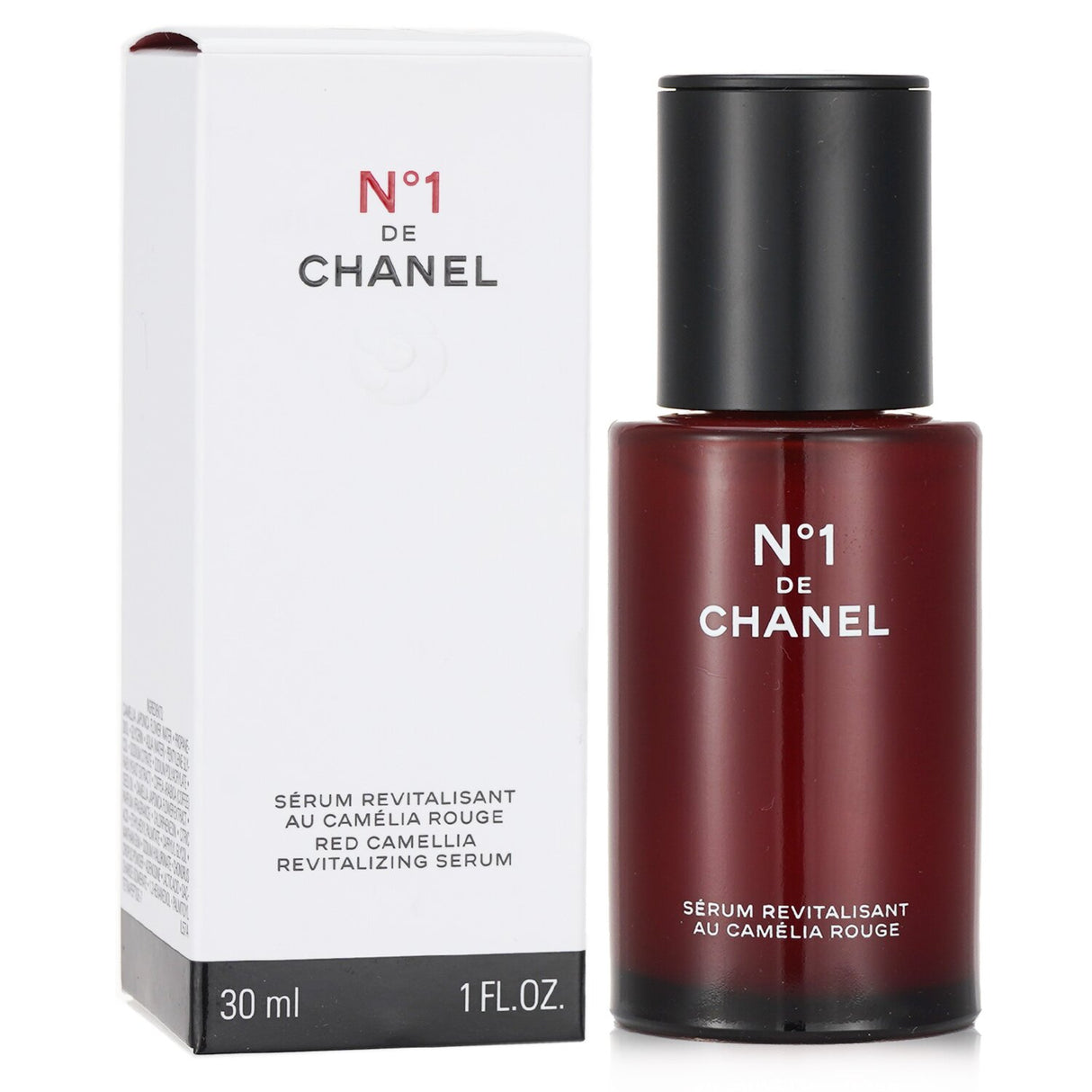 Chanel N°1 Red Camellia Revitalizing Serum, 30ml, features natural ingredients for anti-aging and skin vitality.