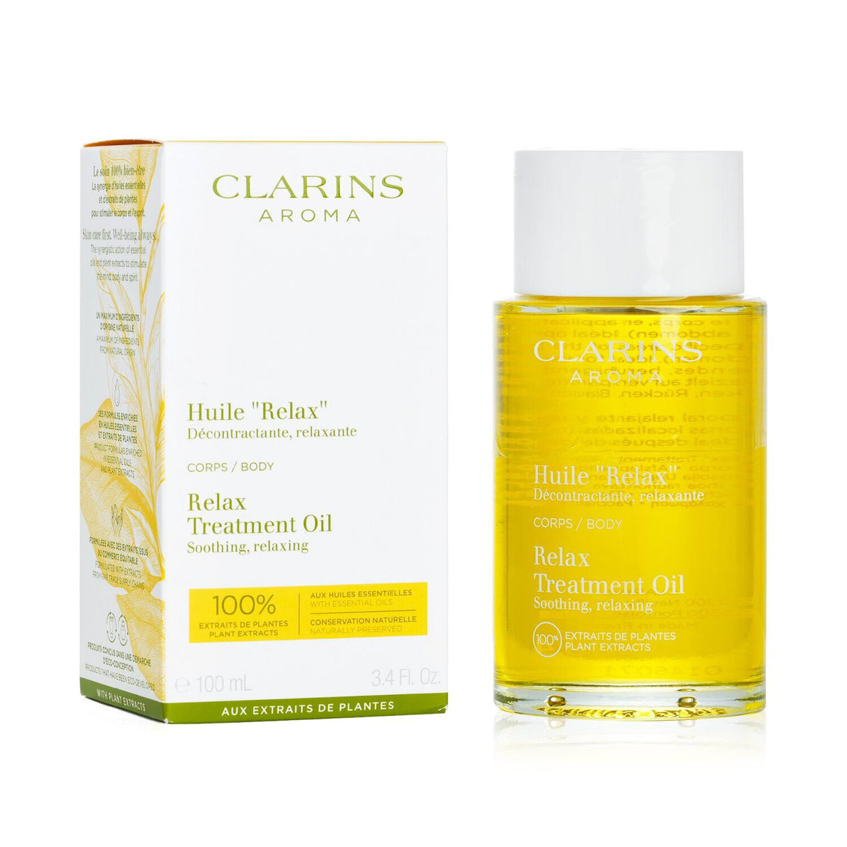 Luxurious Clarins Body Treatment Oil - Relax nourishes skin with pure plant extracts and calming aroma for ultimate relaxation.