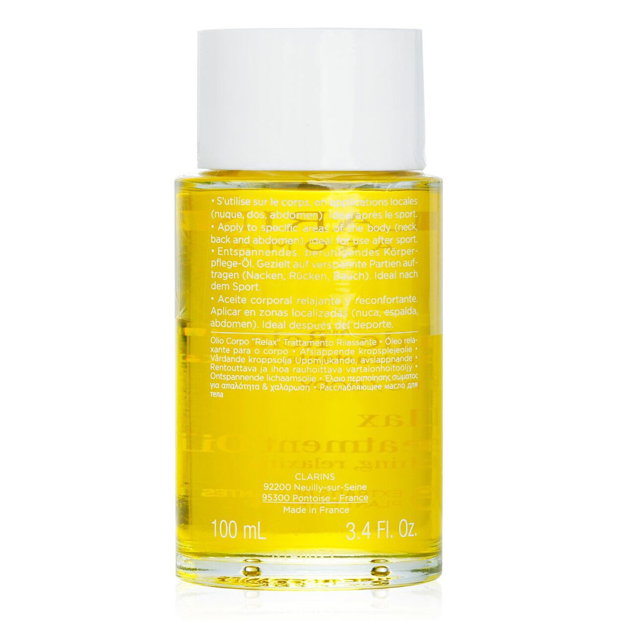 Clarins Body Treatment Oil - Relax in 100ml bottle, enriched with hazelnut oil for soothing hydration and calming aroma.