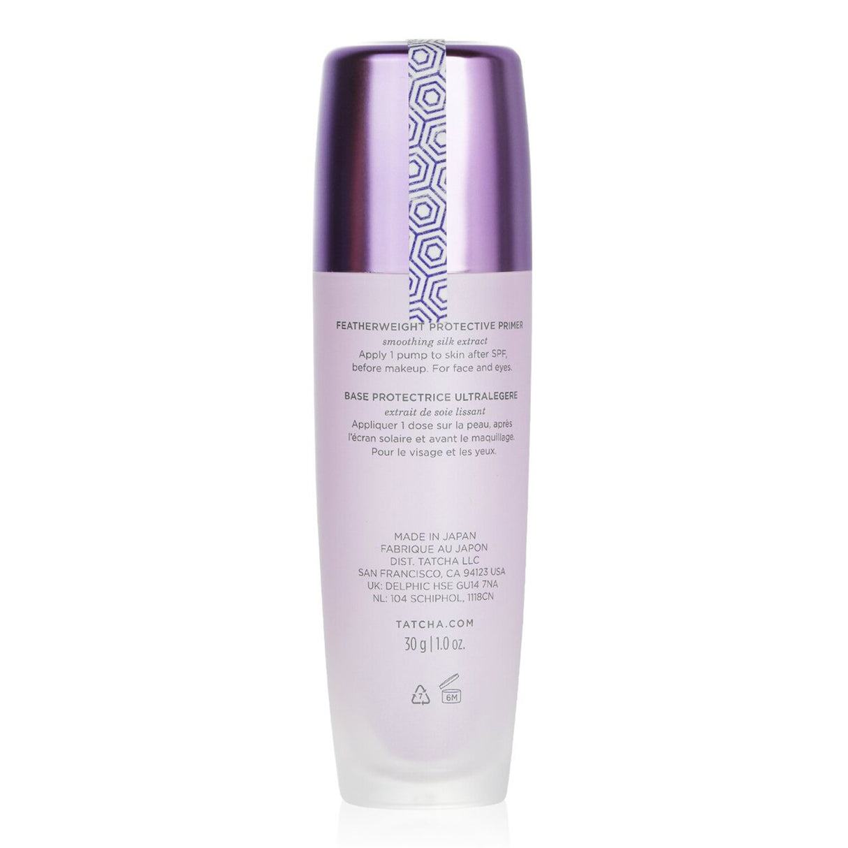 Lightweight liquid face primer from Tatcha, enhances radiance, blurs imperfections, and protects skin with silk extract.