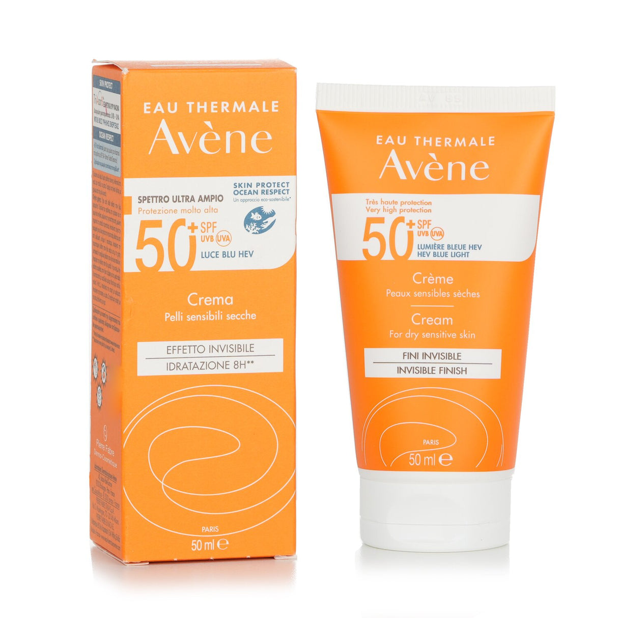 Avene Very High Protection Cream SPF50+ for dry sensitive skin in a recyclable 50ml bottle, offering non-greasy sun protection.