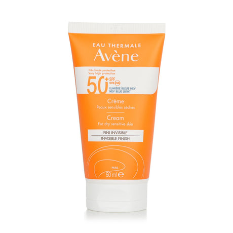 Avene Very High Protection Cream SPF50+ for dry sensitive skin, featuring a non-sticky, velvety formula and eco-friendly packaging.