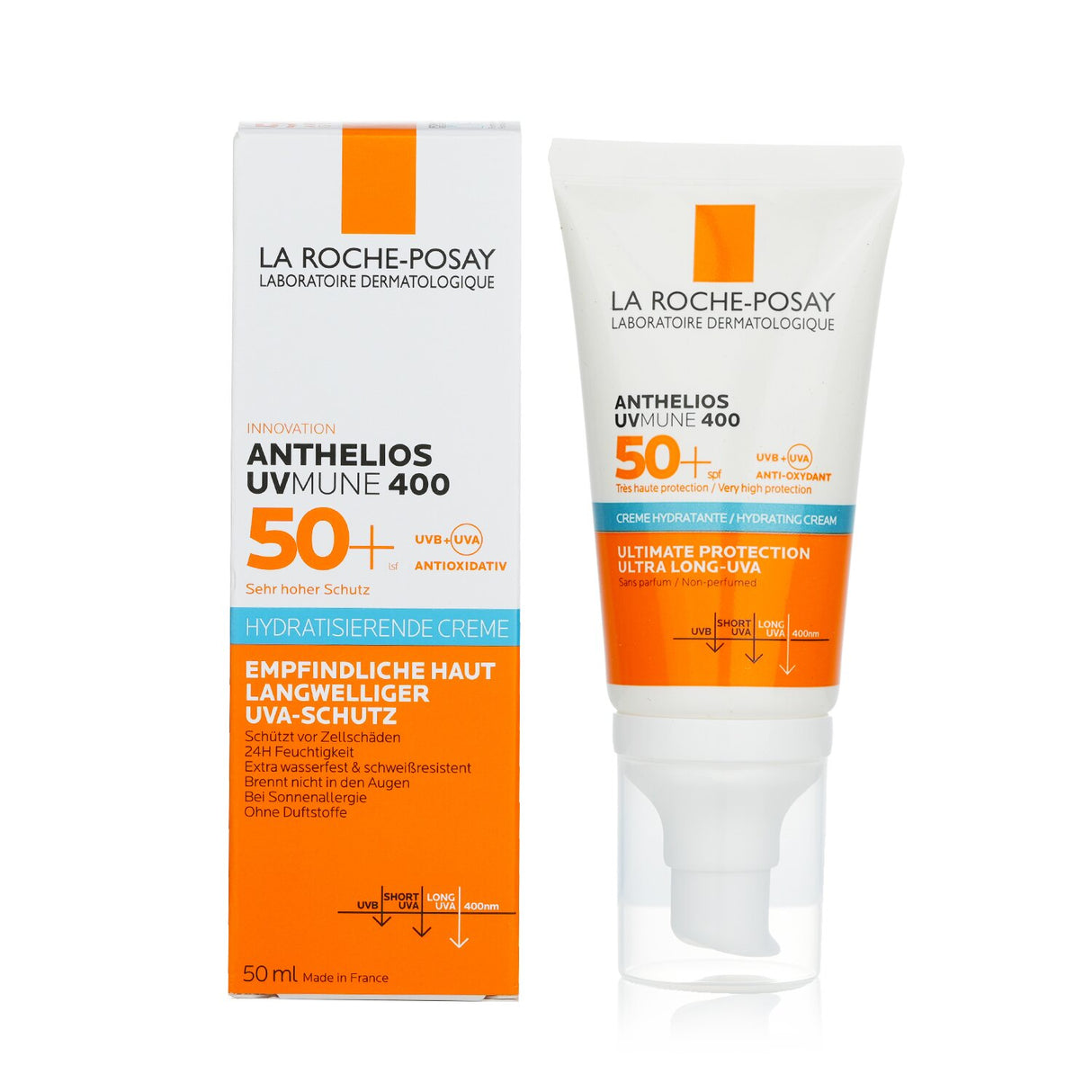 La Roche Posay Anthelios UVmune 400 Hydrating Cream SPF50, lightweight sunscreen for sensitive skin, offers broad-spectrum protection.