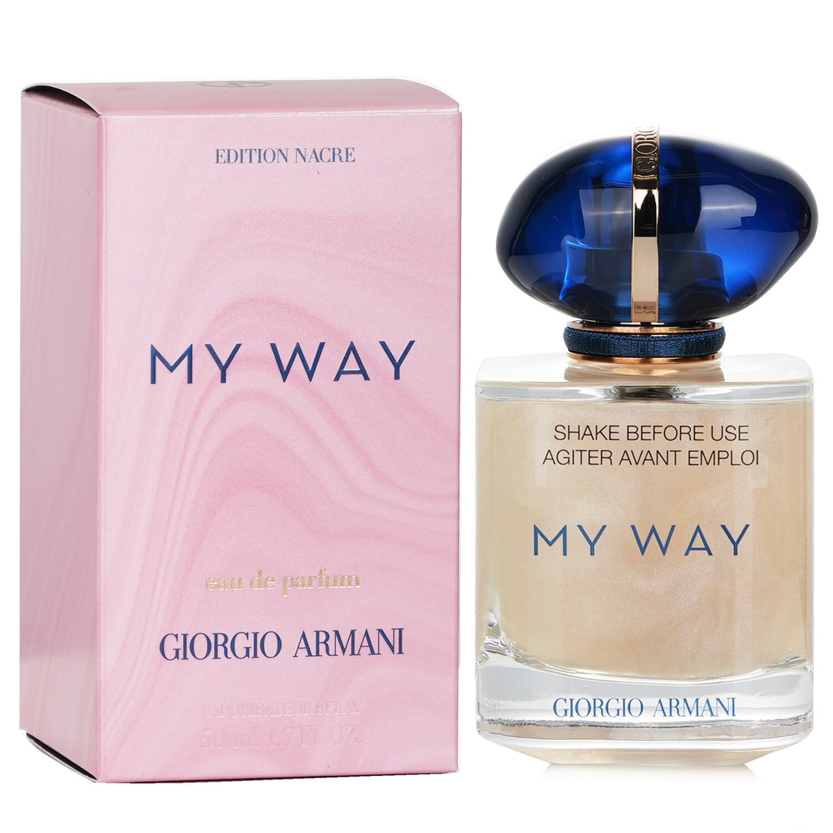 Elegant nacre bottle of Giorgio Armani My Way Eau De Parfum, featuring floral and woody notes for a captivating experience.