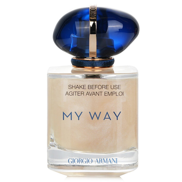 Elegant nacre bottle of Giorgio Armani My Way Eau De Parfum, blending floral and woody notes for a captivating allure.