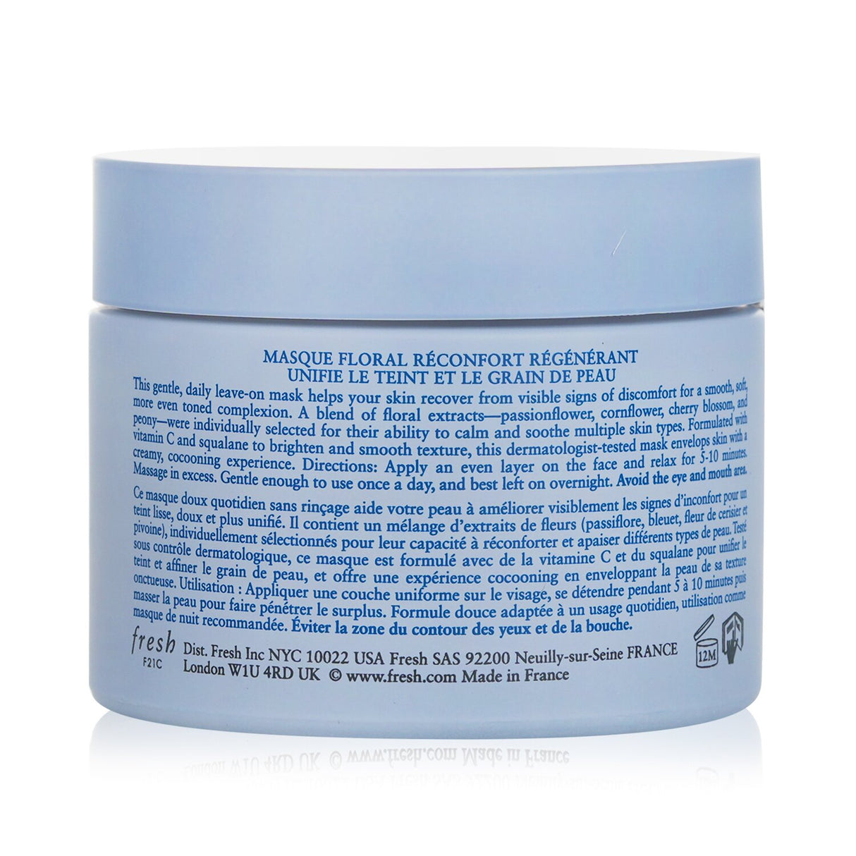 Overnight calming mask with floral extracts, boosts radiance, soothes sensitive skin, and evens tone for a radiant complexion.