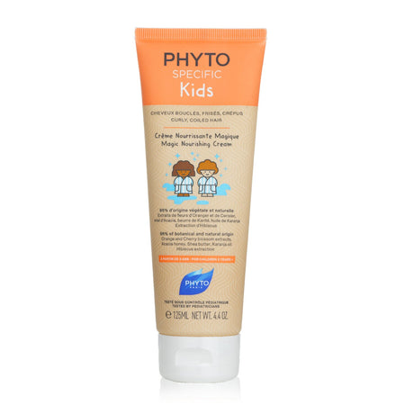 "Phyto Specific Kids Magic Nourishing Cream for curly hair, enriched with shea butter, honey, and blossoms for softness and shine."