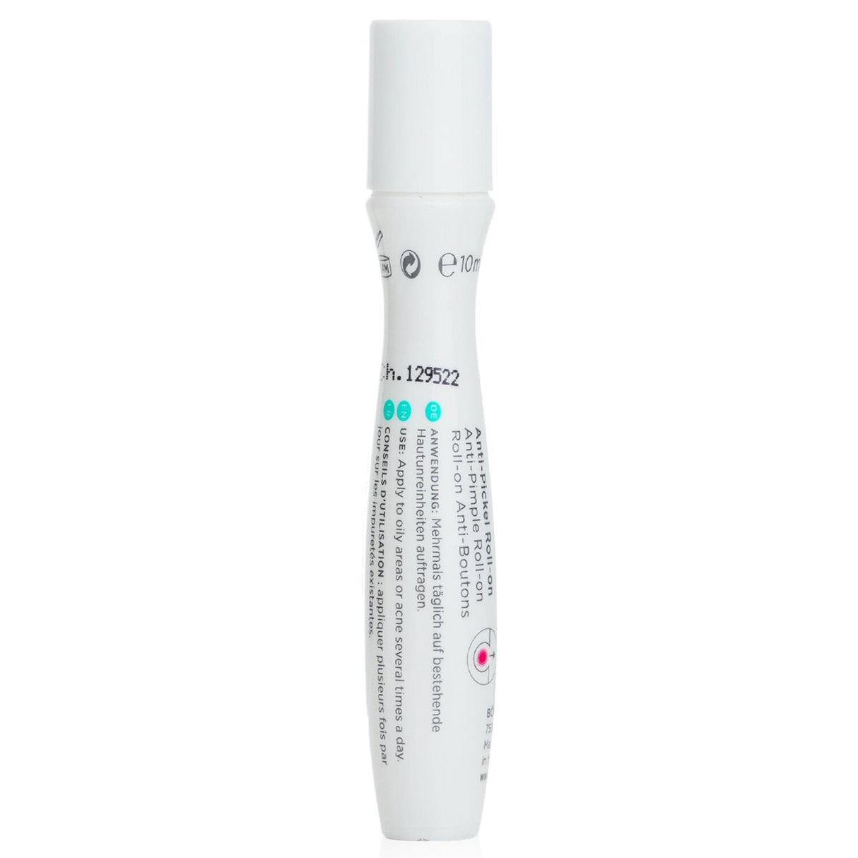 Vegan anti-acne roll-on with organic yarrow and malic acid, targeting oily skin and soothing pimples in a 10ml package.