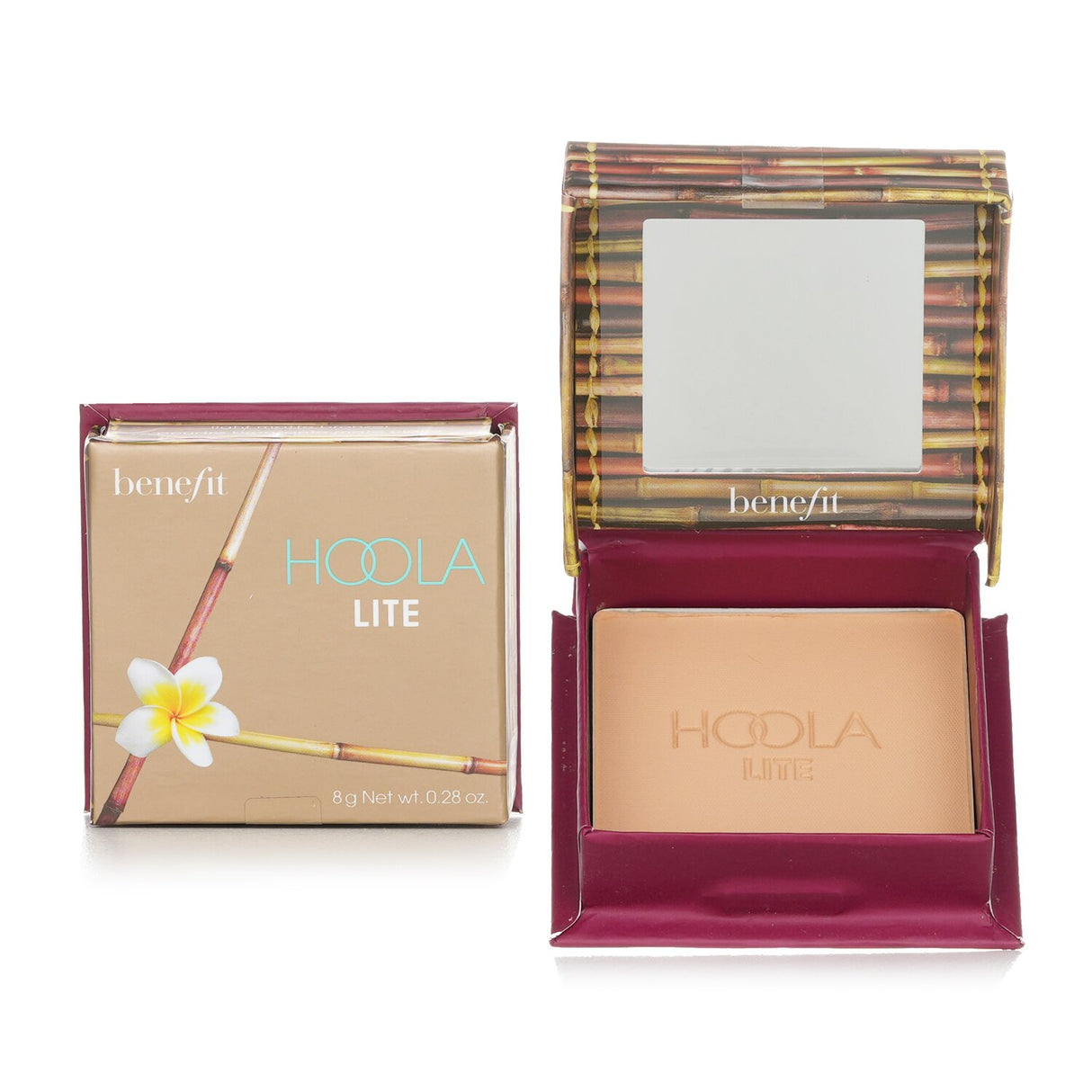 Benefit Hoola Light Matte Bronzer in #Hoola Lite, a lightweight bronzer for fair skin, provides a soft matte finish and includes a mirror.