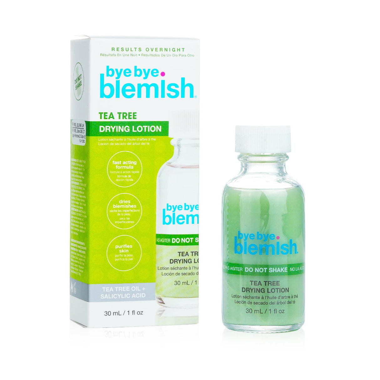 Tea tree drying lotion in a 30ml bottle, designed to heal blemishes and prevent acne, suitable for all skin types.